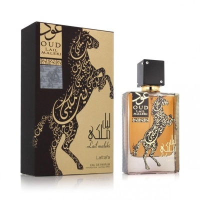 Frasco de perfume OUD Lail Maleki e caixa preta e dourada com design de cavalo