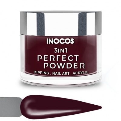 Frasco de vidro com pó acrílico vinho escuro para unhas INOCOS 3IN1 PERFECT POWDER com tampa prateada