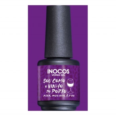 Frasco roxo de verniz gel INOCOS com texto branco e desenho de taça de vinho