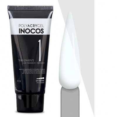 Tubo preto de Polyacrygel Inocos transparente 60g junto a amostra branca