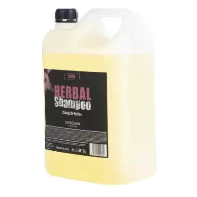 Recipiente plástico de shampoo herbal amarelo com rótulo preto