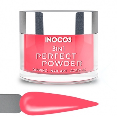 Pote de pó acrílico rosa INOCOS 3IN1 com tampa prateada e pincel com amostra da cor