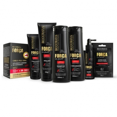 Produtos Bio Extratus Força com pHANEX em embalagens pretas com texto dourado e vermelho