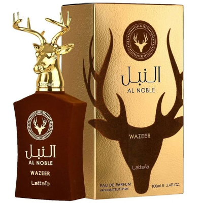Frasco e embalagem de perfume Al Noble Wazeer com design dourado e marrom