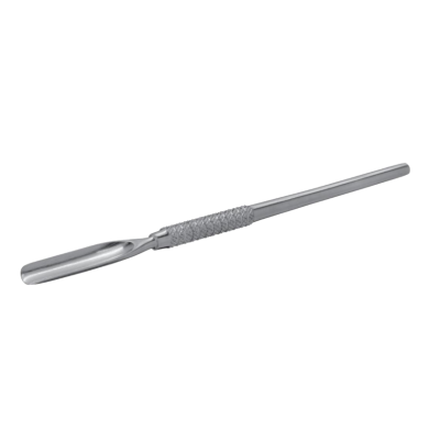 Furador tubular de metal prateado com pega texturada.