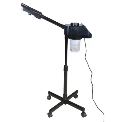 Máquina de vapor facial preta com base de rodízios e jarra de vidro