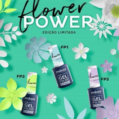Imagem promocional de verniz gel para unhas edição limitada flower POWER com três frascos em fundo verde e flores decorativas.