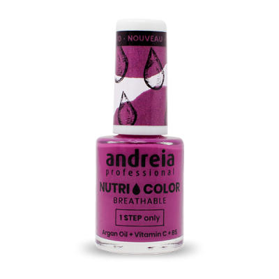 Frasco de esmalte de unhas rosa da marca andreia professional com tampa branca e texto na embalagem