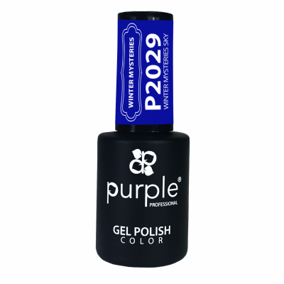 Frasco preto de verniz gel para unhas com tampa azul com texto branco