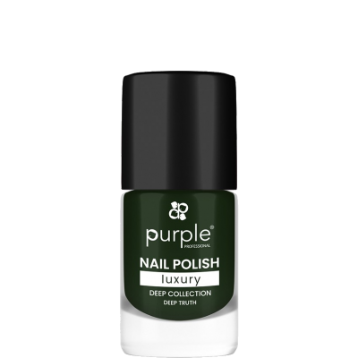 Frasco de verniz de unhas verde escuro com tampa preta e texto branco