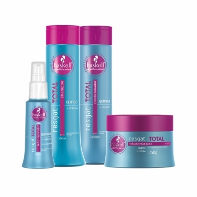 Conjunto de produtos para cabelo Haskell Resgat Total em embalagens azul claro e rosa.