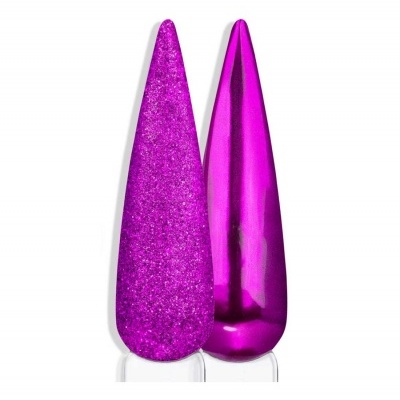 Duas amostras de verniz de unhas rosa em acabamentos glitter e metálico.