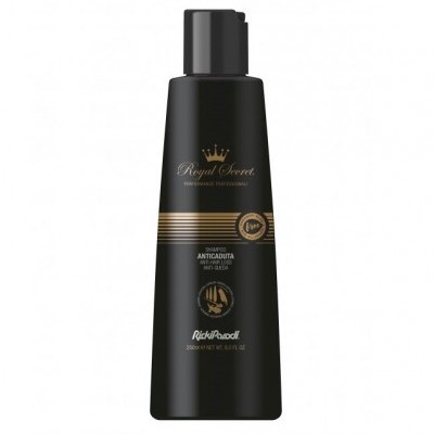 Frasco preto de shampoo Royal Secret com texto dourado e branco