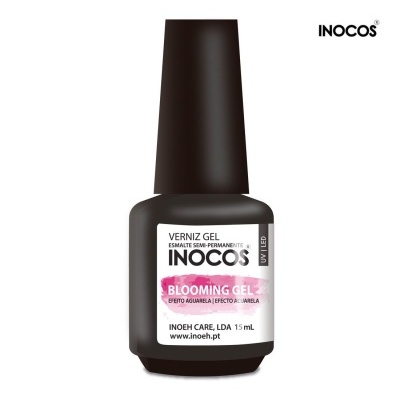 Frasco de verniz gel INOCOS com rótulo branco e texto preto e rosa