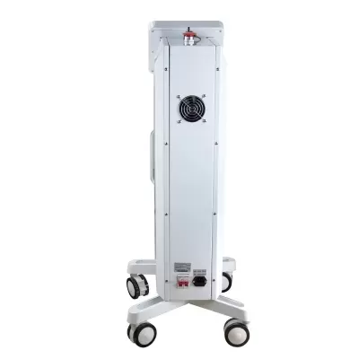 Dispositivo técnico branco com rodas e ventoinha lateral