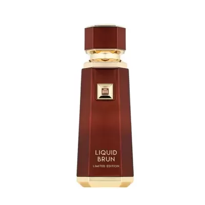 Frasco de perfume castanho com detalhes dourados e texto LIQUID BRUN LIMITED EDITION