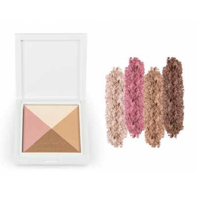 Pó compacto de maquilhagem com quatro tons e amostras esfareladas ao lado