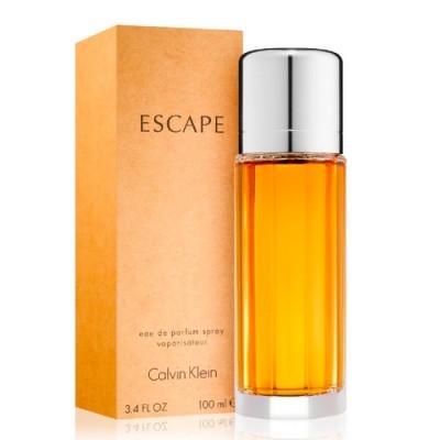 Frasco de perfume Calvin Klein Escape com caixa laranja e tampa prateada