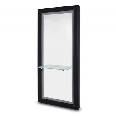 Espelho vertical com moldura preta e prateleira de vidro