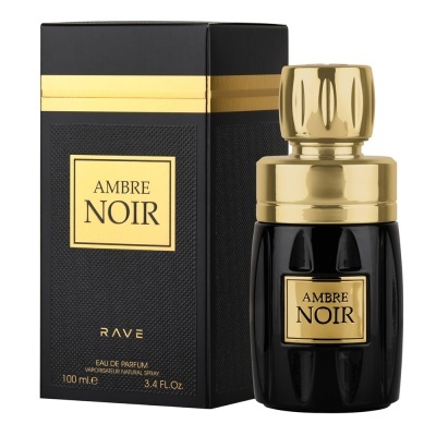 Frasco de perfume preto e dourado AMBRE NOIR com caixa preta e detalhes dourados.