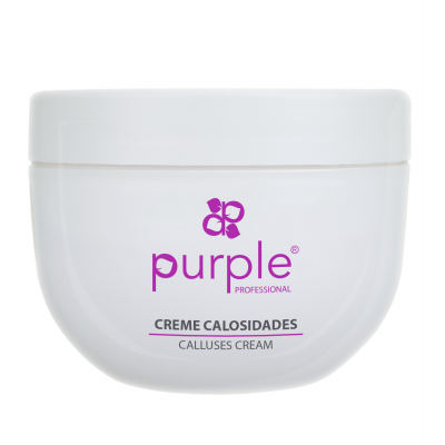 Frasco branco de creme para calos, texto roxo e preto, tampa branca