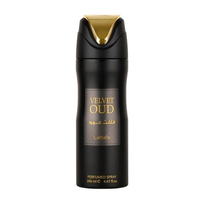 Frasco preto fosco de spray perfumado com tampa dourada e rótulo dourado Velvet Oud Lattafa