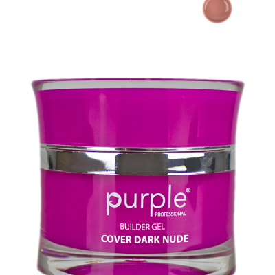 Frasco roxo de gel para unhas com texto branco e tampa prata