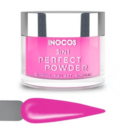 Pó acrílico rosa para unhas INOCOS em embalagem com tampa prateada e amostra de cor