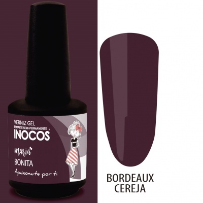Frasco de verniz gel INOCOS cor Bordeaux Cereja com rótulo branco e desenho mulher