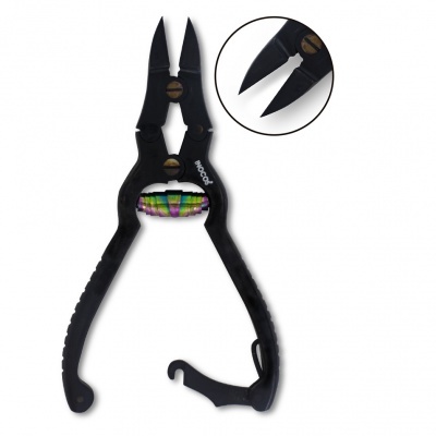 Alicate preto com mola colorida e trava em fundo branco