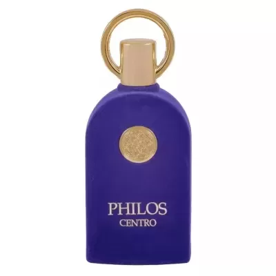Frasco de perfume roxo com tampa dourada e anel, com texto dourado PHILOS CENTRO