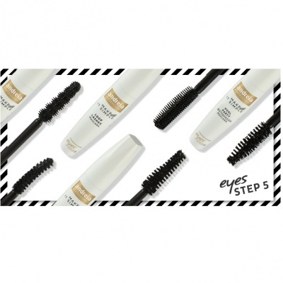 Máscaras de pestanas madeca com diferentes aplicadores e texto 'eyes STEP 5'