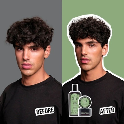 Comparação antes e depois de um jovem com cabelo encaracolado e produtos American Crew para cabelo.