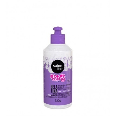 Frasco plástico translúcido de gel com tampa roxa e rótulo roxo e branco