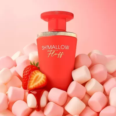 Frasco de perfume vermelho SHMALLOW Fluff com marshmallows e morangos