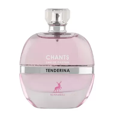 Frasco de perfume rosado transparente CHANTS TENDERINA com tampa transparente e detalhes metálicos prateados