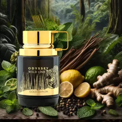 Frasco de perfume preto e dourado ODYSSEY WILD ONE em floresta com ingredientes naturais