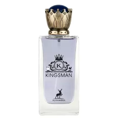 Frasco de perfume Kingsman Alhambra com tampa dourada e azul