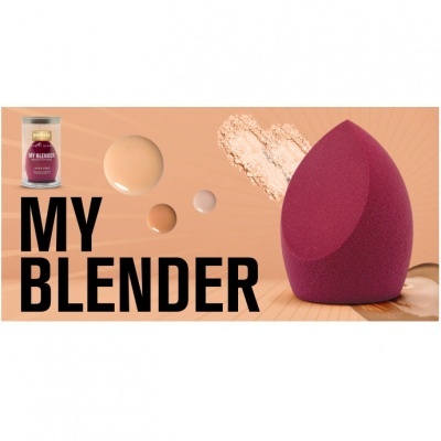 Esponja de maquilhagem vinho com base líquida e pó, texto MY BLENDER e embalagem no canto