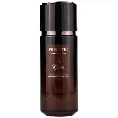 Frasco de perfume ou cosmético castanho escuro com tampa preta e texto branco