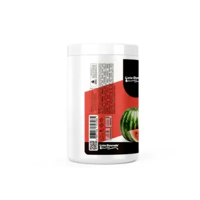 Frasco branco com rótulo vermelho e preto com imagem de melancia e texto Gota Dourada