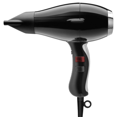 Secador de cabelo preto com botão vermelho no punho