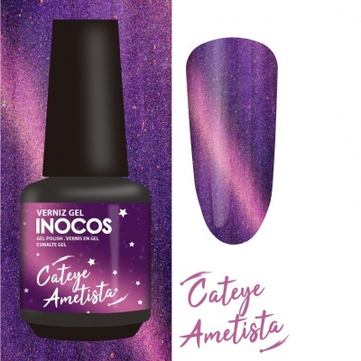 Verniz gel INICOS cor Cat Eye Ametista com fundo roxo e estrelas
