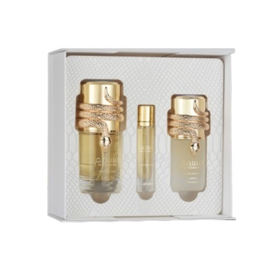 Conjunto de perfumes com tampas douradas e decoração de serpente em caixa branca