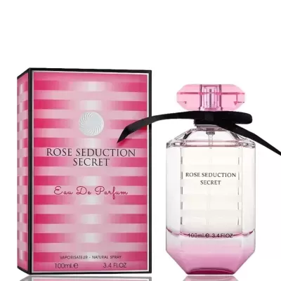 Perfume Rose Seduction Secret com embalagem rosa e riscas horizontais