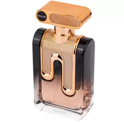 Frasco de perfume dourado com vidro degradê castanho para preto e tampa com RAVE