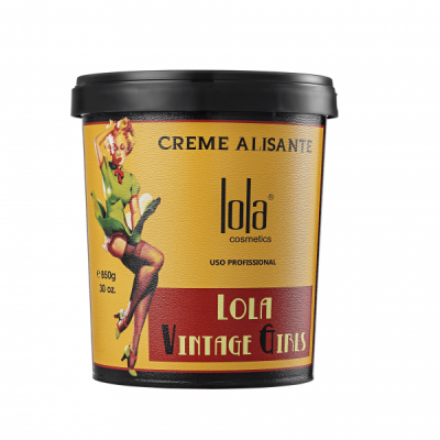 Recipiente preto de creme alisante Lola Cosmetics com etiquetas amarelas e vermelhas e figura feminina vintage.