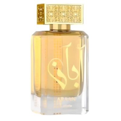 Frasco de perfume com líquido âmbar e tampa dourada