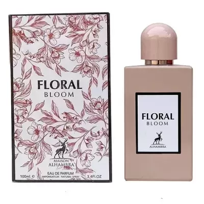 Frasco de perfume Floral Bloom Alhambra e embalagem com padrão floral rosa.