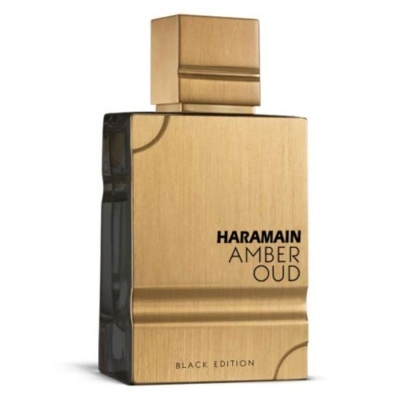 Frasco dourado de perfume HARMAIN AMBER OUD BLACK EDITION